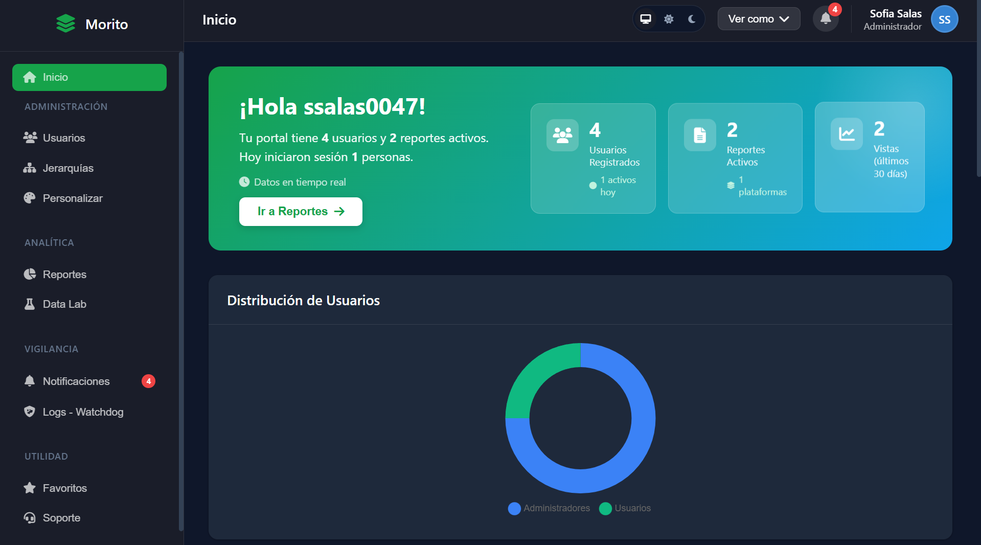 Vista de inicio del portal de reportería